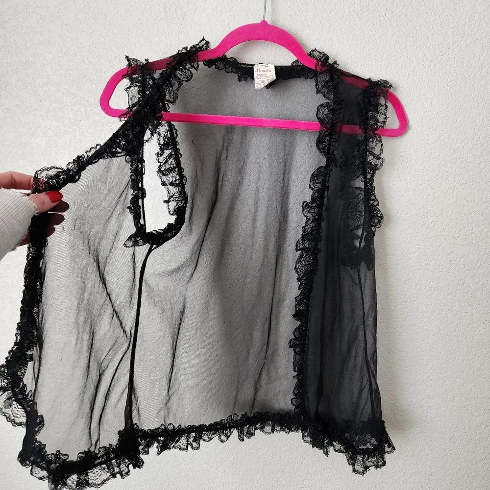 MAYELA x VINTAGE Nylon negligee sheer lace trim open top in black M‎ - Picture 3 of 6